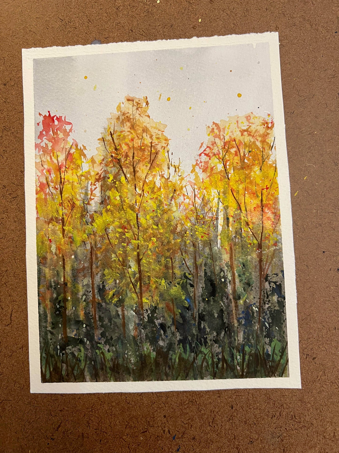 Into the Woods – Original 5x7 Gouache Fall Landscape Painting, Matted to 8x10