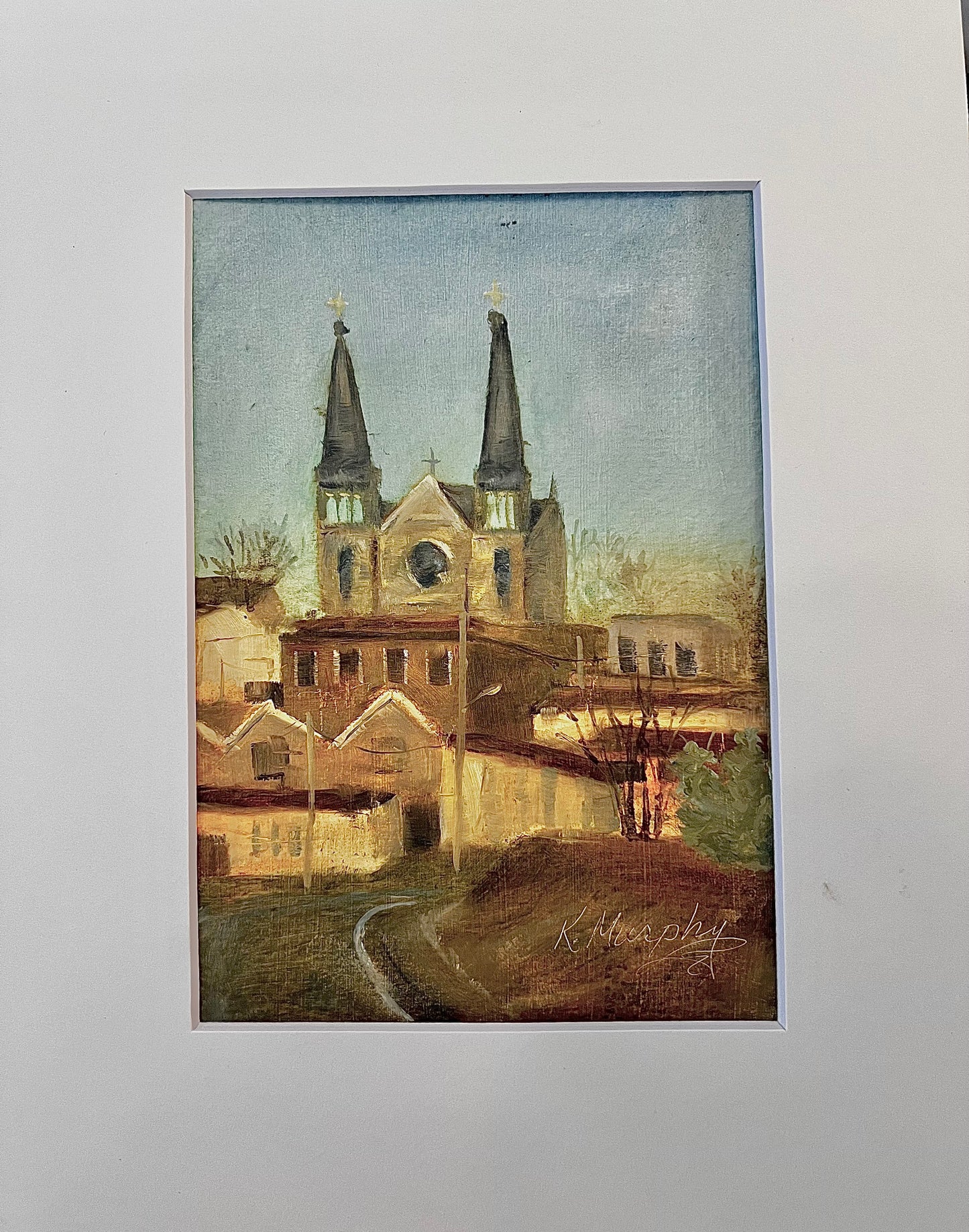 A Sunday Road- original winter oil painting with church (5x7 matted 8x10)