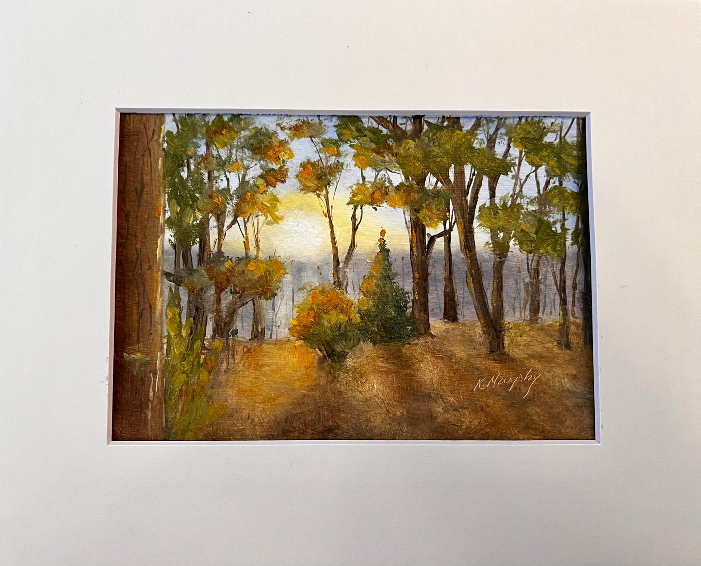 Original oil painting of pine forest with sunlight through trees by Karen Murphy, 8x10 matted landscape artwork”