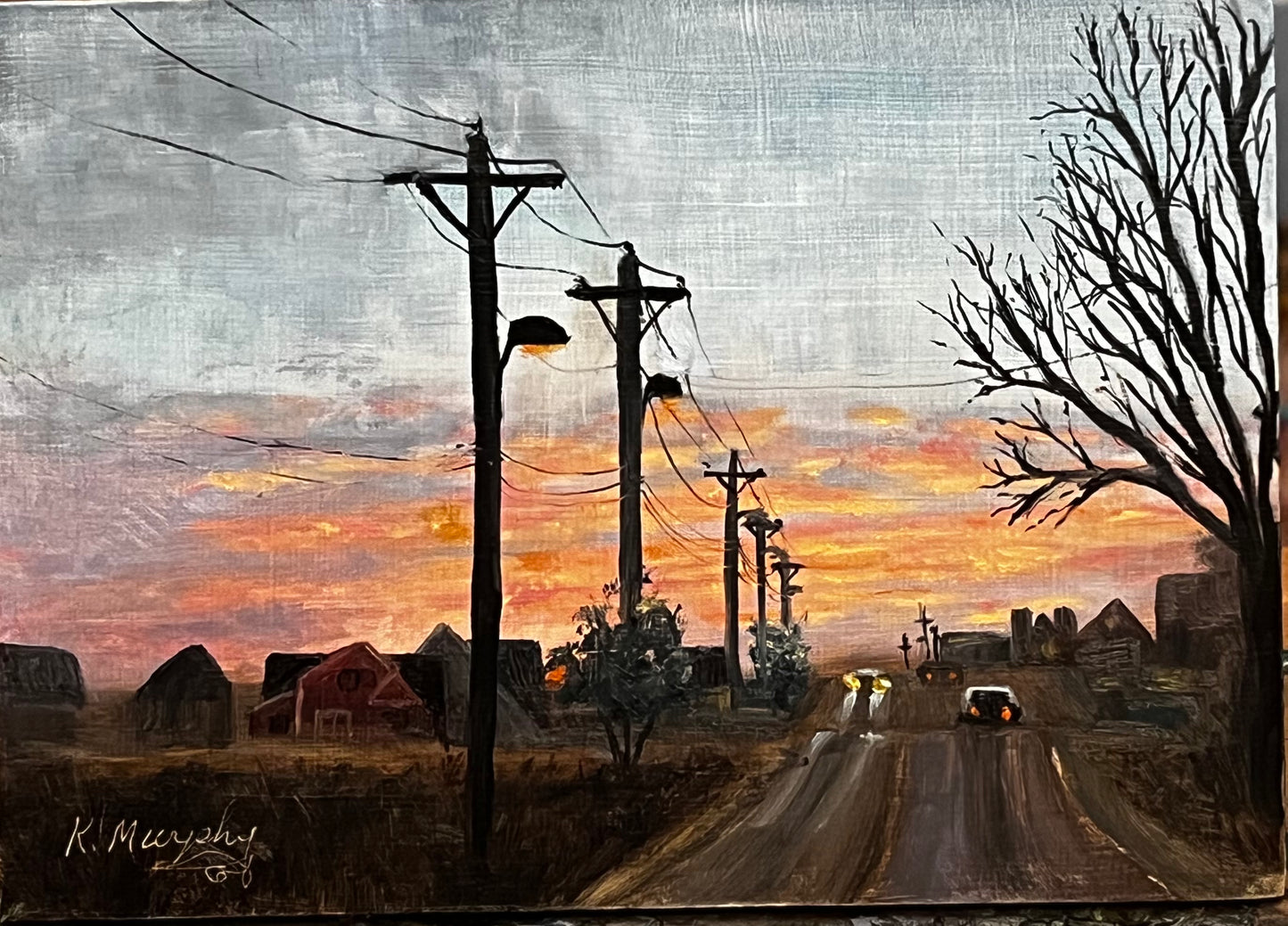 Evening Drive – Original 5x7 Oil Painting on Wood Cradle | Rural Sunset Art