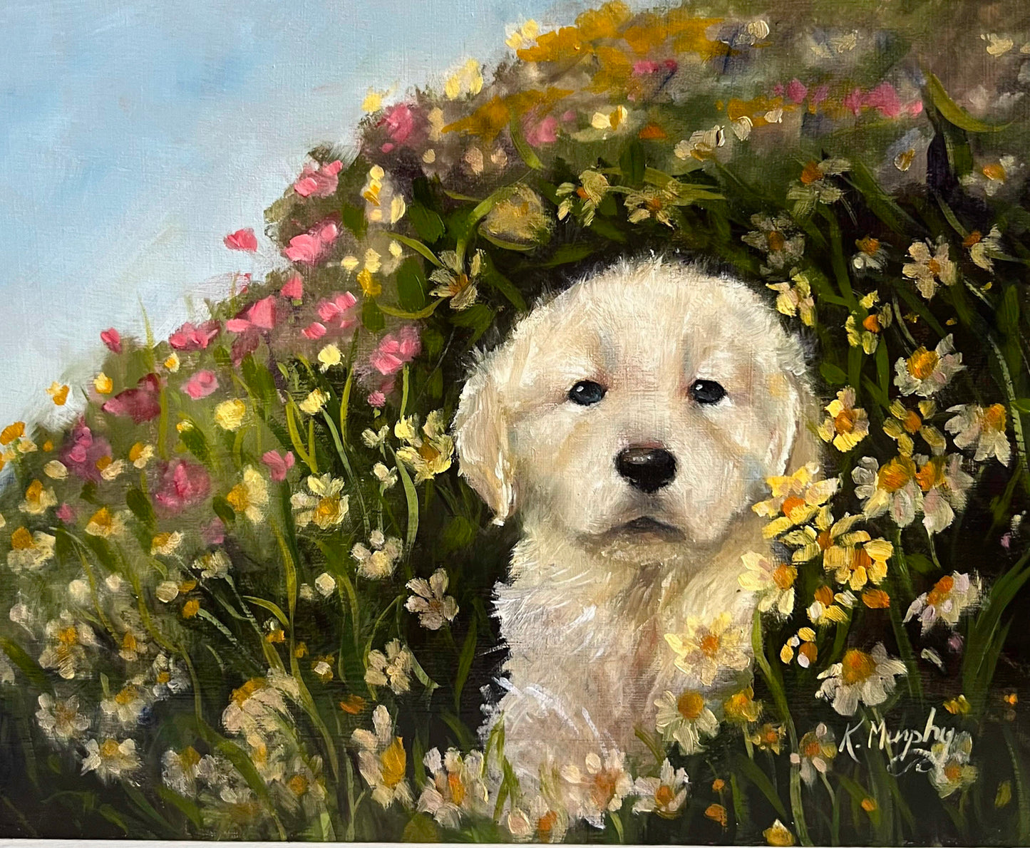 Stop to Smell the Flowers – Original Puppy and Flower Oil Painting (8x10 Wooden Cradle Panel)