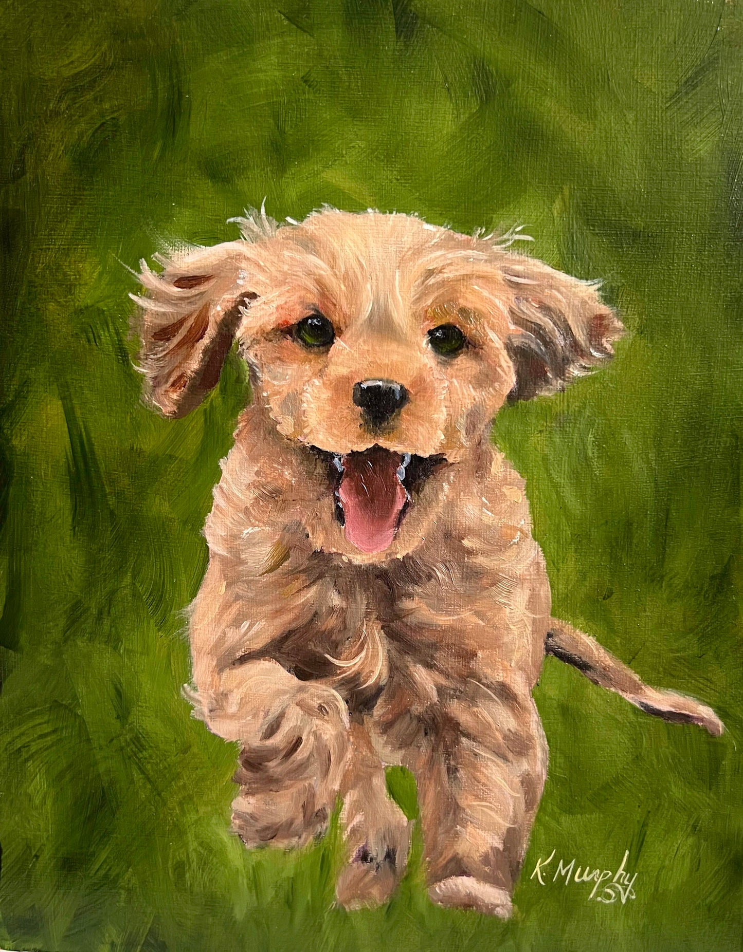 Puppy Love – Original Brown Puppy Oil Painting in Summer Field (8 x 10) Wooden Cradle Panel)