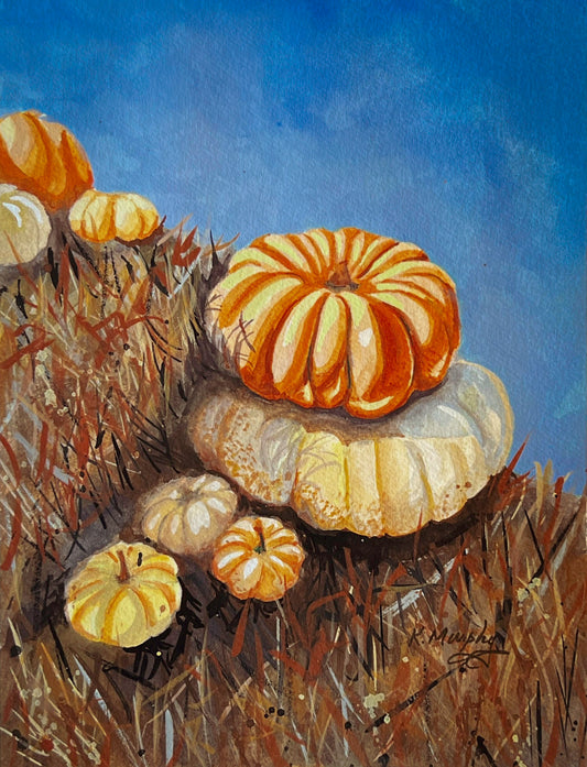 Fall Haystack – Original 5x7 Gouache Pumpkin Painting, Matted to 8x10
