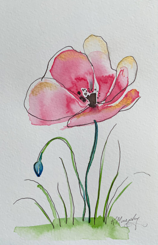 Pink Poppy – 5x7 Original Watercolor Flower Painting, Matted to 8x10