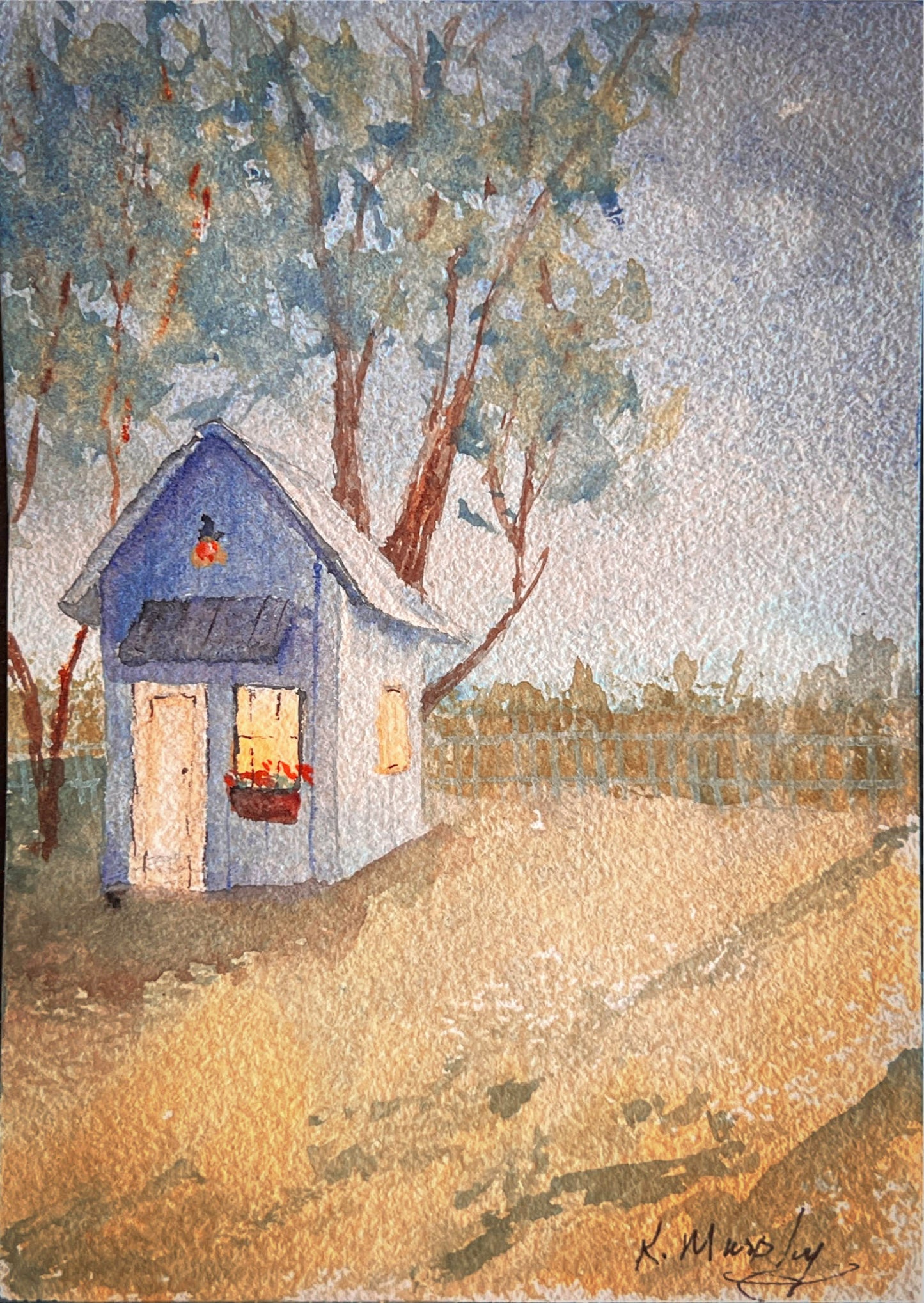 She Shed – Original Watercolor Painting of Cozy Creative Retreat, Handmade Wall Art